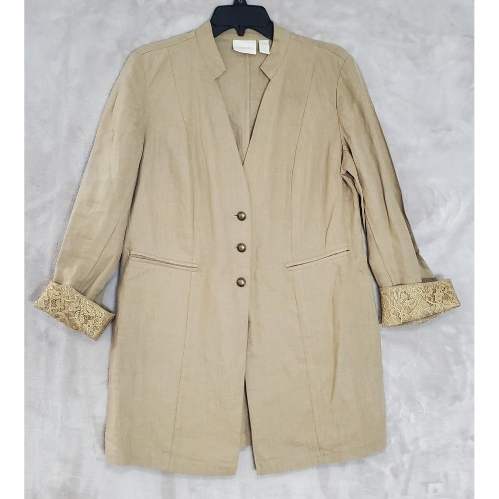 CHICO'S Jacket Womens 1 (MED) Blazer Duster KHAKI BEIGE  100% LINEN Lace Cuffs